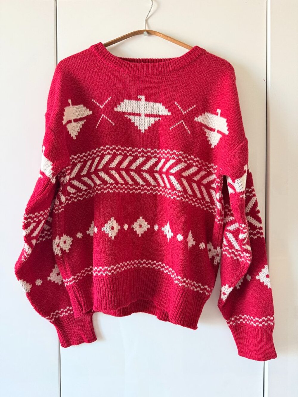 Vintage 80s TJW Mervyns Red White Christmas Fair Isle Holiday Sweater Sz S M